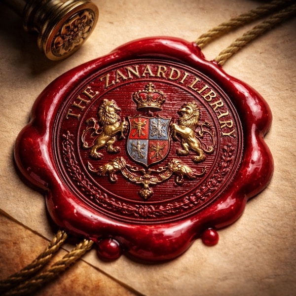 the zanardi library wax seal of authenticity with historic coat of arms